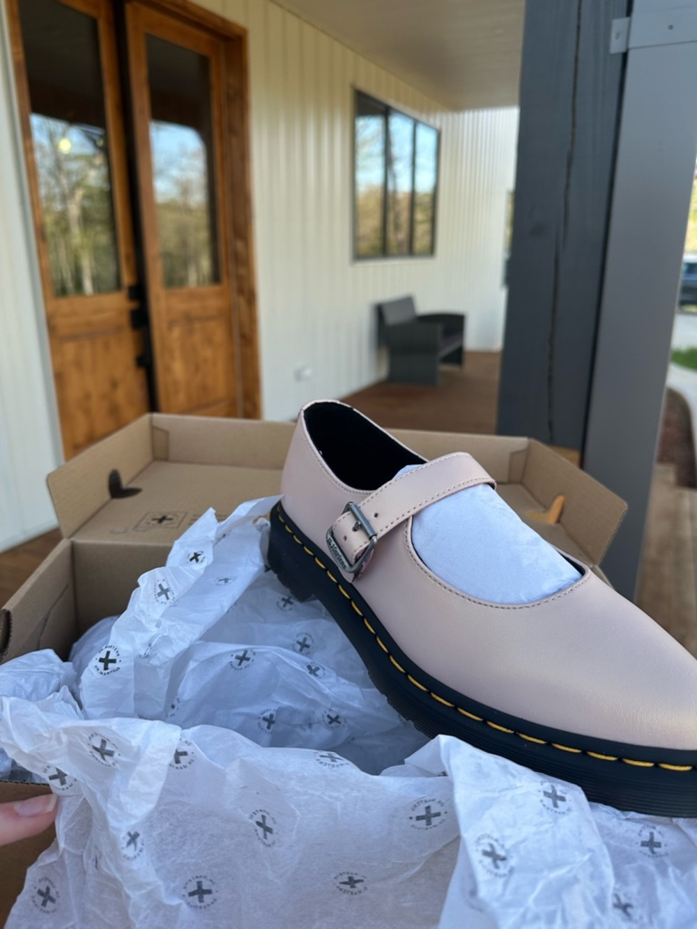 Dr. Martens Pale Pink Mary Jane Flats with Yellow Stitching - Picture 4 of 8